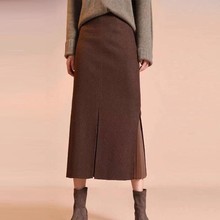 哥家商场同款2025秋冬高腰羊毛拼接开叉中长款鱼尾半身裙1200232