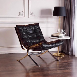 包豪斯风格 进口牛皮客厅单人高背沙发椅 欧姆不锈钢休闲椅设计师款