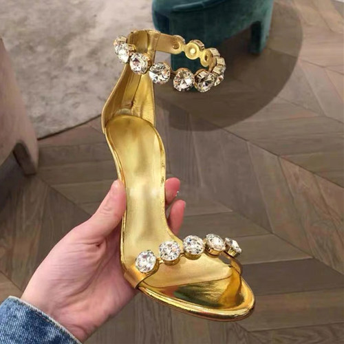 金色水钻一字带细跟凉鞋女高跟鞋