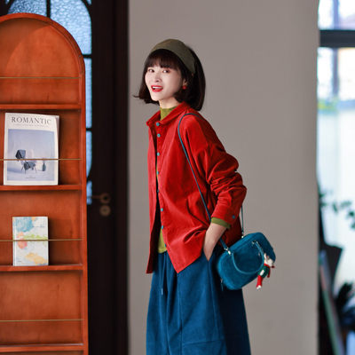 直筒复古单排长袖平绒衬衫