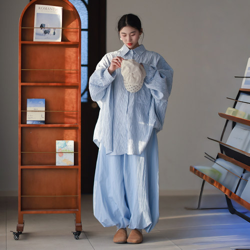 墨黛原品女装2026春新品撞色文艺肌理灯笼花苞裙裤文艺垂坠阔腿裤