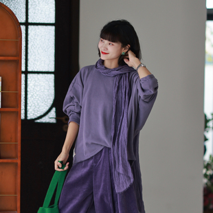 墨黛女装秋季新品宽松长袖T恤女圆领休闲上衣柔软前短后长卫衣