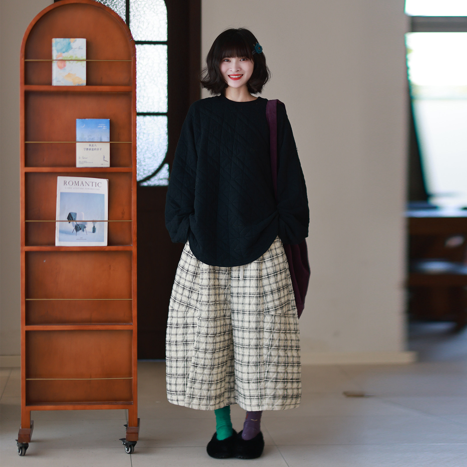 墨黛原品女装冬季新品廓形百搭菱形压线格子显瘦空气层阔腿八分裤,女装/女士精品,休闲裤,淘宝优惠券,粉丝福利购,淘宝优惠卷