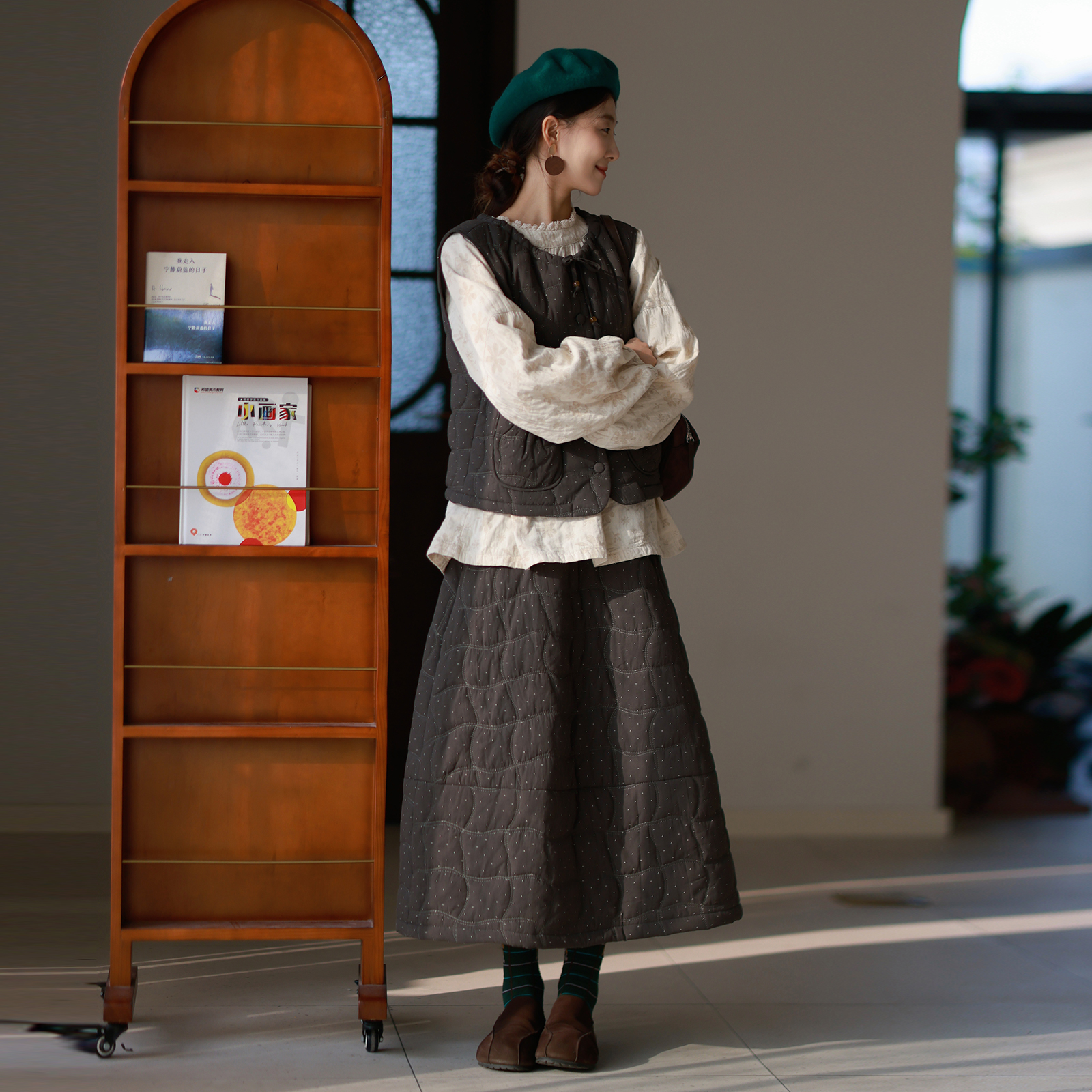 休闲马甲绗缝亚麻波点半身裙