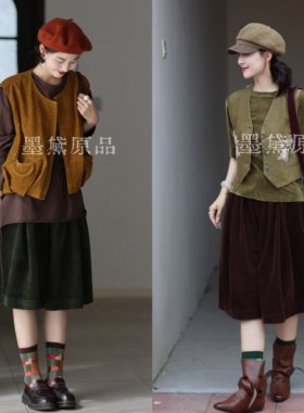 墨黛原品女装秋季新品复古宽松百搭文艺风裙裤灯芯绒五分裤短裤