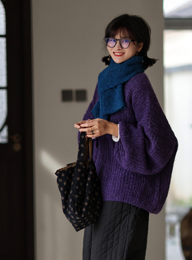 墨黛原创2025秋冬新品羊毛马海毛混纺粗毛线花纱圆领厚实毛衣