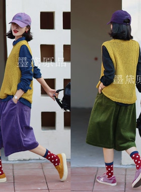 墨黛原品2026女装秋季新品灯芯绒纯棉休闲阔腿裤百搭文艺风五分裤