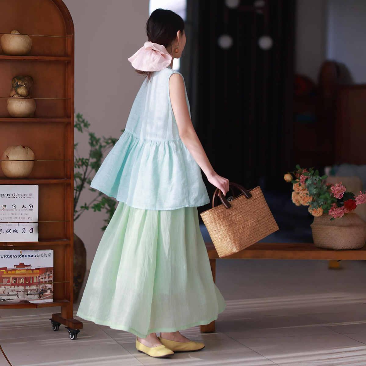 墨黛原创女装2026春夏苎麻飘逸轻薄文艺大摆双层半身裙