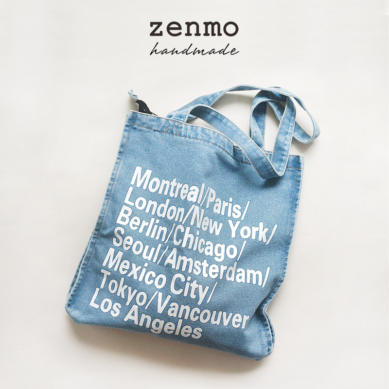zenmo 日系复古牛仔帆布包英文字母 拉链款街拍文艺单肩休闲女包
