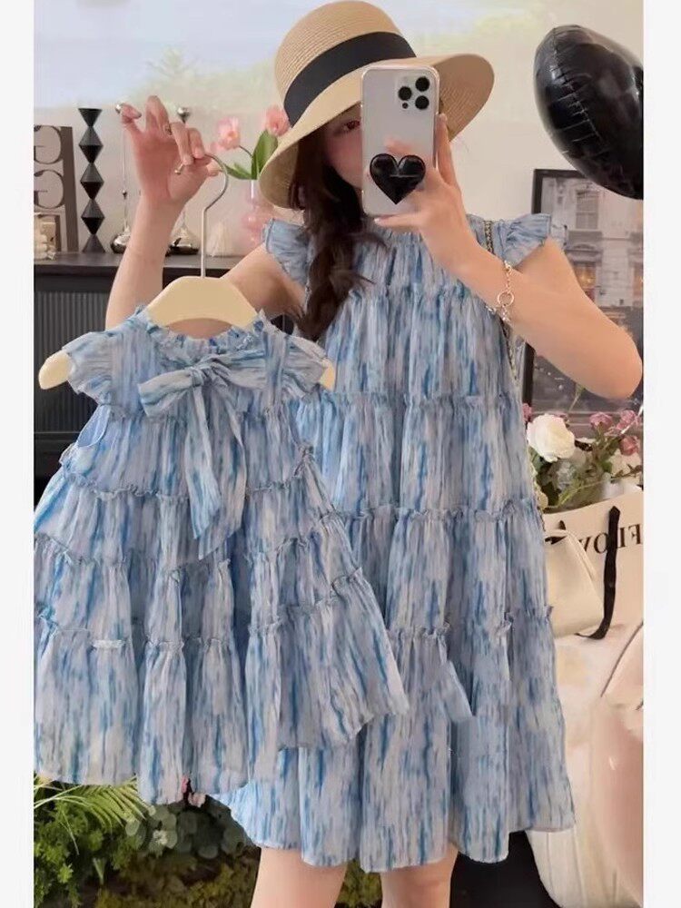 인터넷 연예인 친자복 여아 스커트 원숄더 퍼프 슬리브 원피스 하이엔드 새 모녀 의류 여름 트렌드