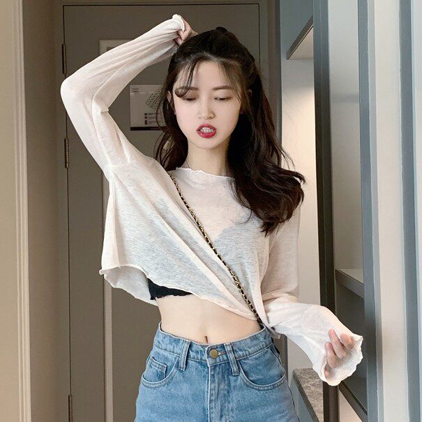 练舞衣服女宽松上衣女短款木耳边透视爵士露脐长袖薄款t恤防晒衫