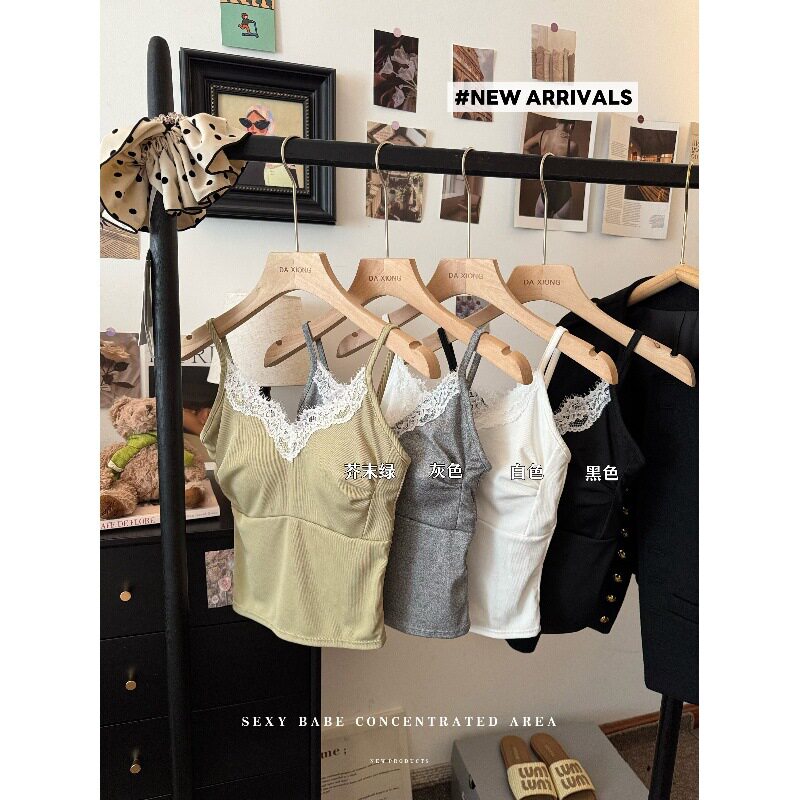 设计感小众蕾丝花边吊带长款美背胸垫一体杯内搭打底外穿少女背心
