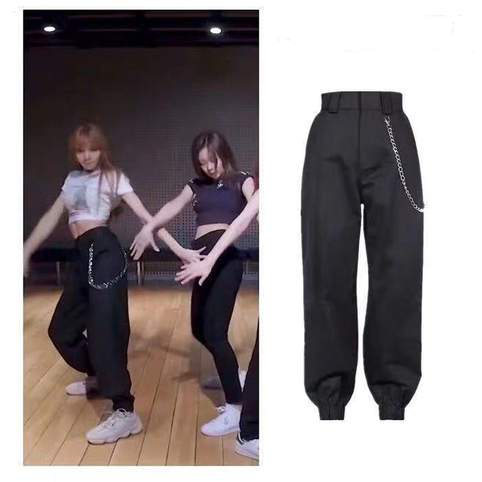 lisa同款九分工装裤女高腰束脚嘻哈运动裤子blackpink爵士舞蹈服