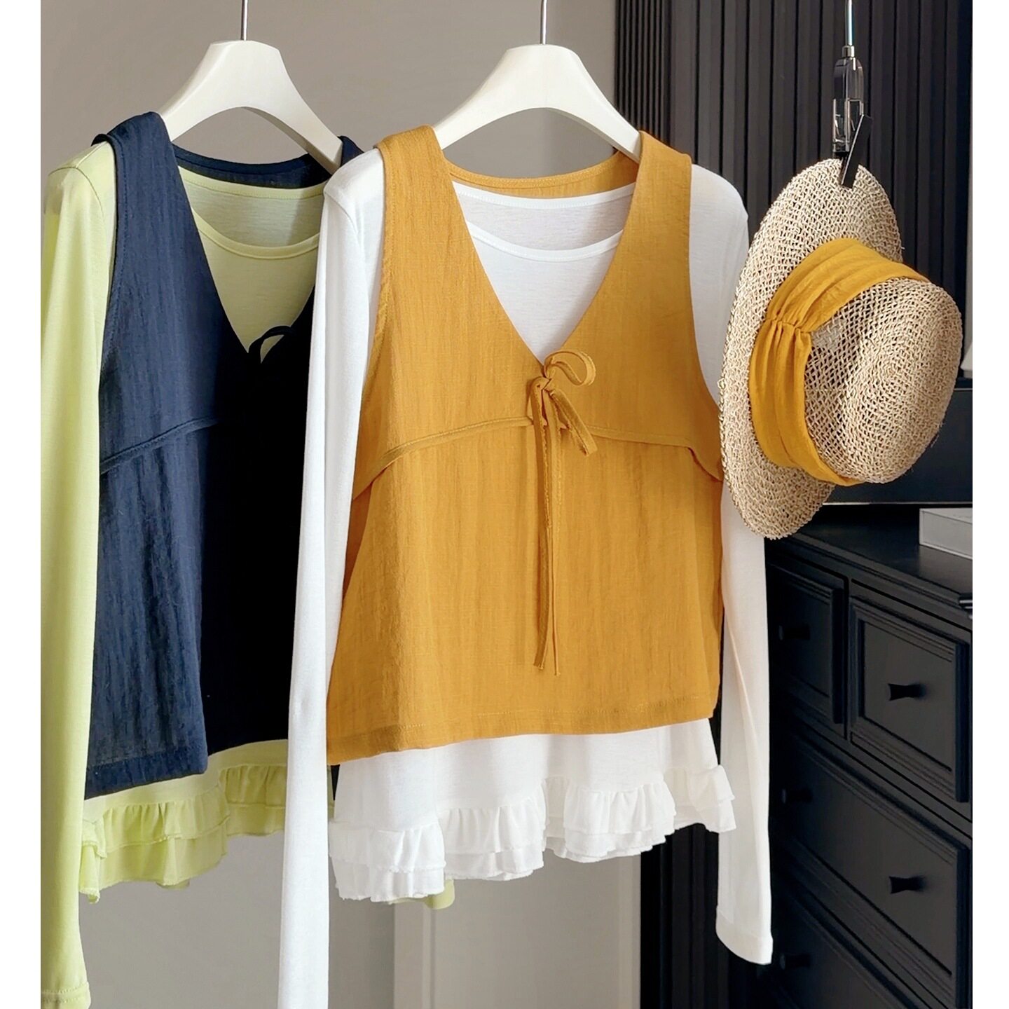 韩版绑带棉麻马甲背心女叠穿长袖打底T恤衫2026春新款时髦两件套