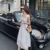 2023春夏新款 复古印花吊带连衣裙女温柔风收腰褶皱a字长裙批 法式