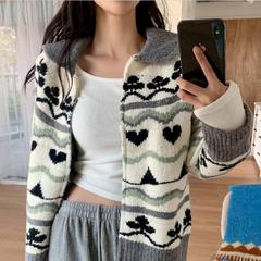 【cuckoo】韩国官网代购mocobling 翻领羊毛梅花桃心针织开衫