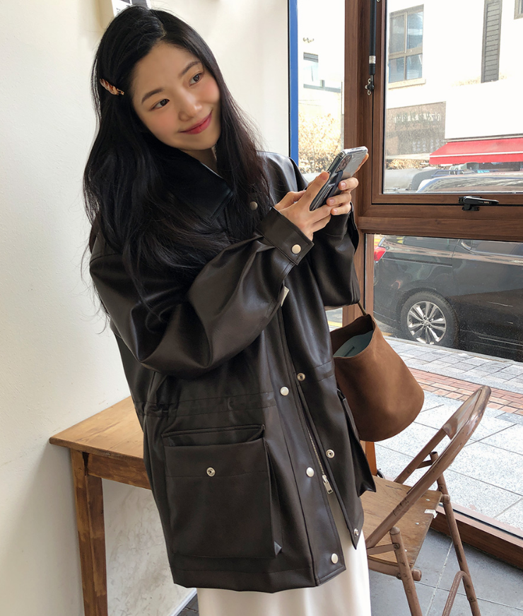 【cuckoo】韩国官网代购 韩系翻领收腰皮衣外套 from beginning