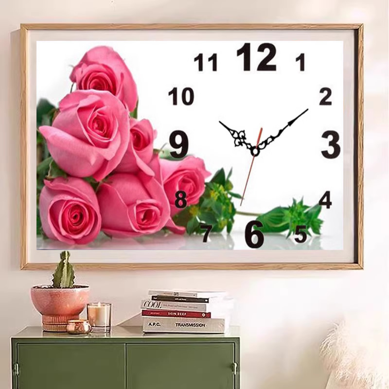 卧室玫瑰花钻石画钟表满钻情侣砖石画手工diy十字绣挂钟刺绣餐厅