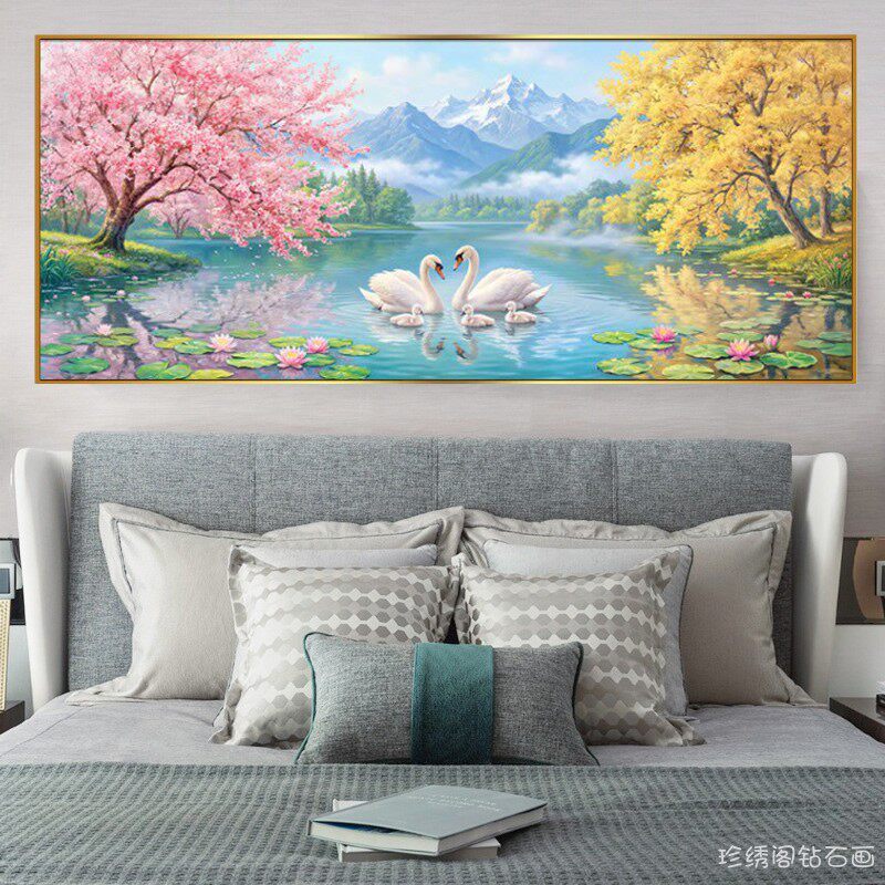 2026新婚卧室钻石画天鹅湖风景樱花树满粘贴点砖十字绣客厅年轻人