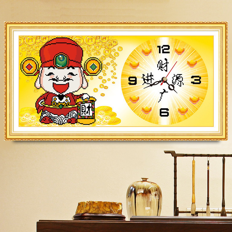 财源广进挂钟表钻石画5d满钻新款财神爷客厅点粘砖钻十字绣贴钻画