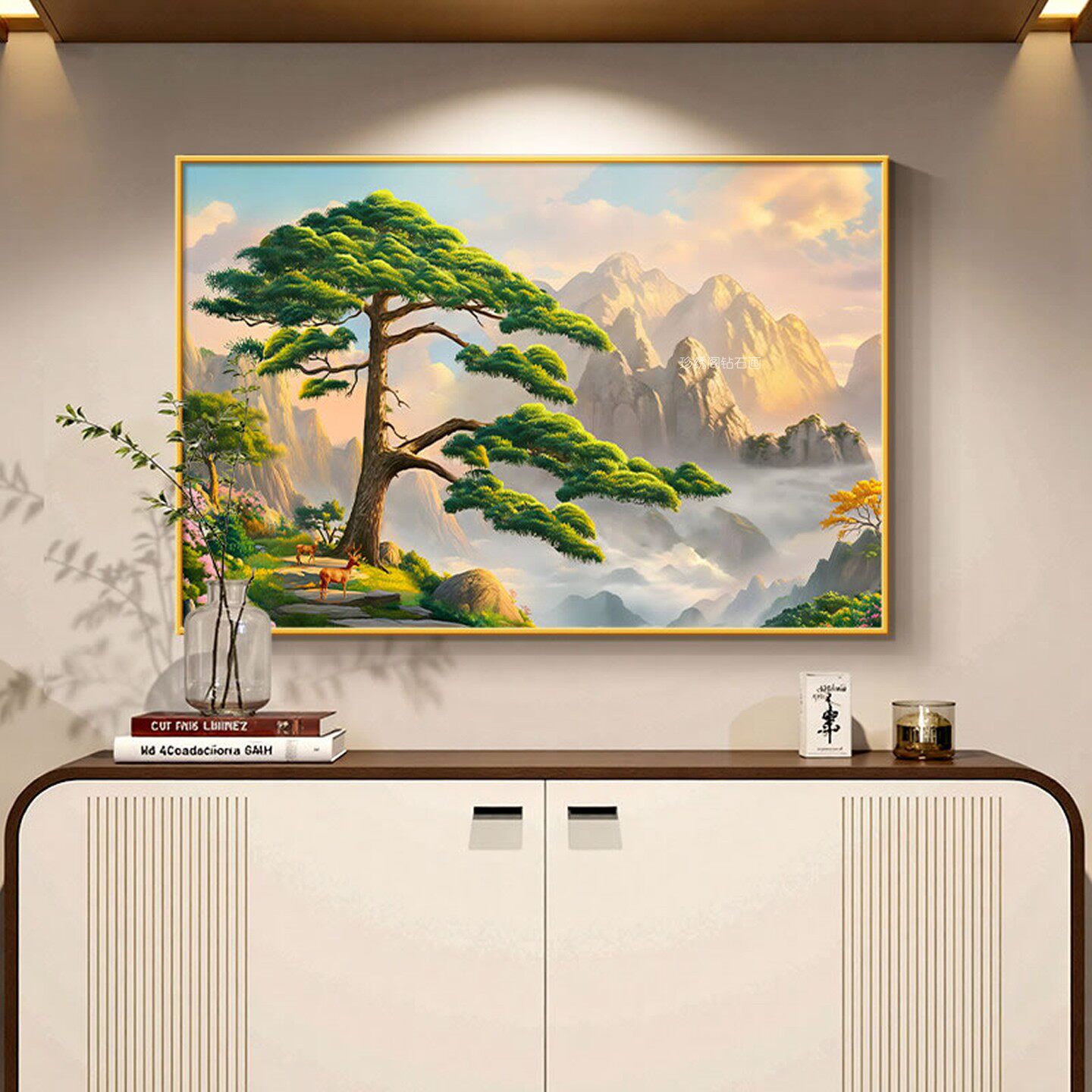 5d迎客松钻石画方钻满钻无水靠山风景粘砖贴钻画十字绣客厅小尺寸