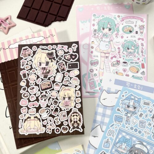 原创水色系女孩女仆女高人物咕卡贴纸巧克力屋diy手帐装饰素材贴