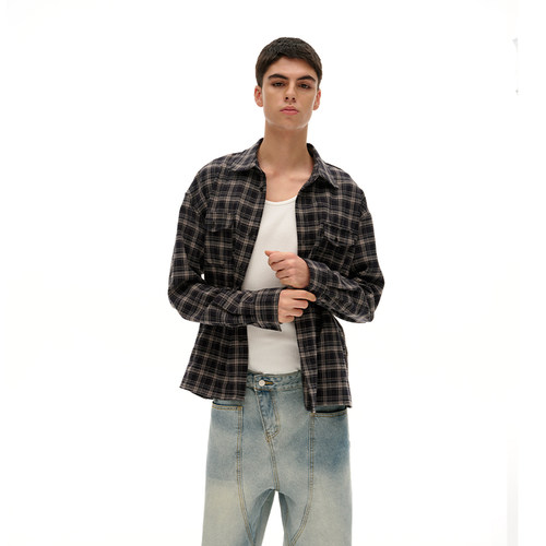 TMOR春夏新品格纹百搭翻领休闲潮牌男女款宽松格子长袖衬衣