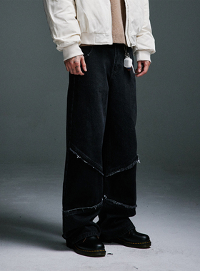 TMOR秋冬新品美式街头贴布毛边牛仔裤潮牌高街宽松复古阔腿休闲裤