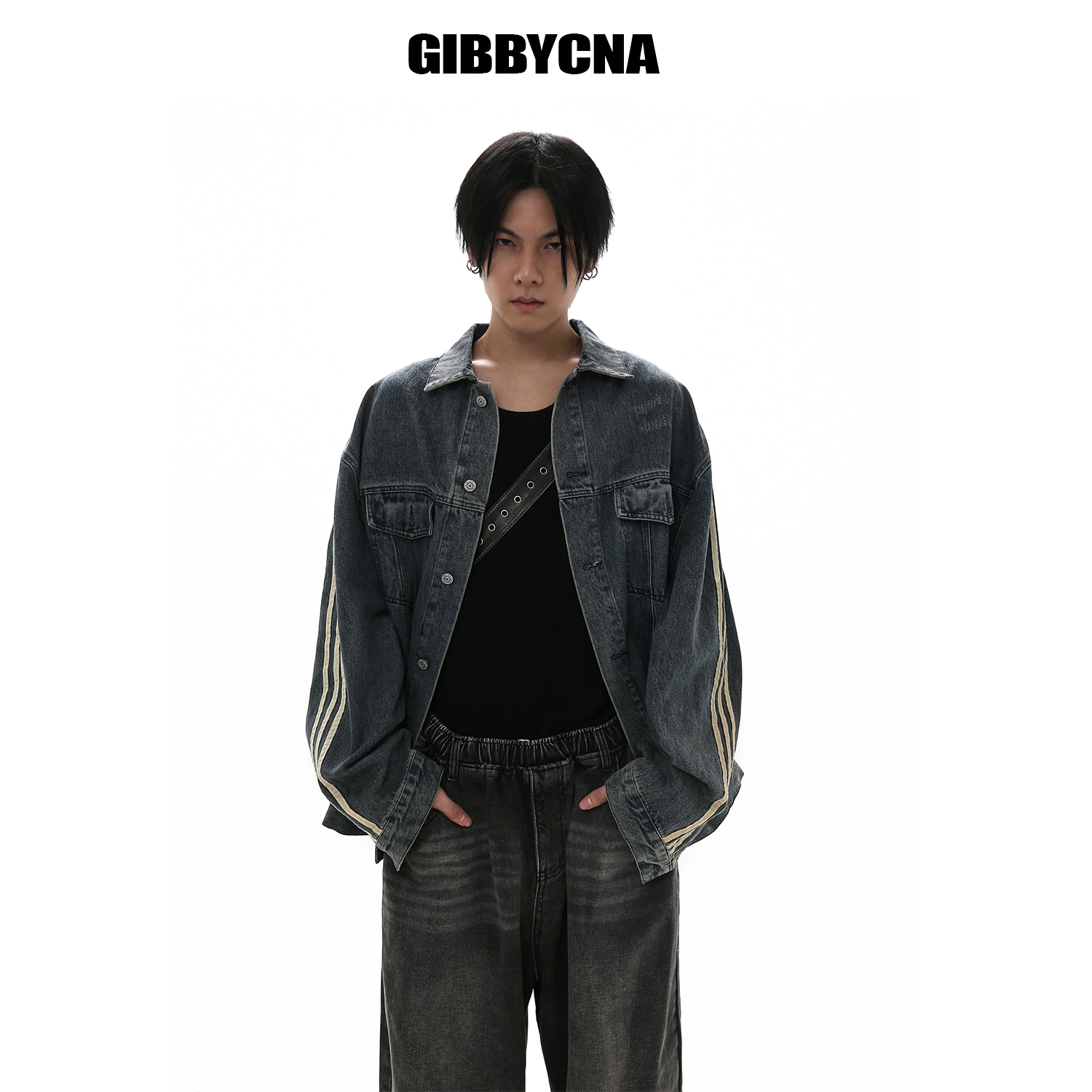 GIBBYCNA复古三杠条牛仔衣