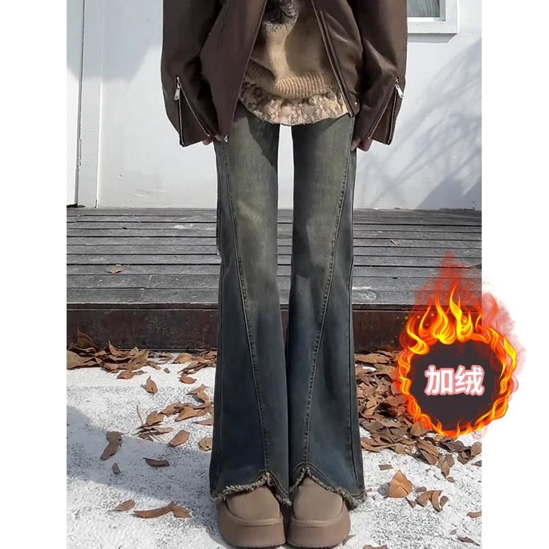 2025年新款复古蓝毛边加绒微喇牛仔裤女胖mm高腰显瘦弹力喇叭裤