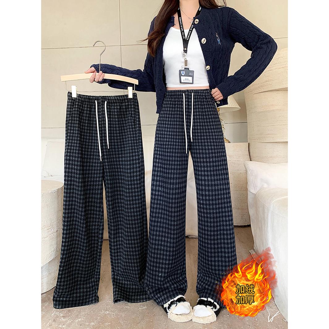 冬装新款胖mm大码女百搭加绒加厚遮胯格子松紧腰休闲裤