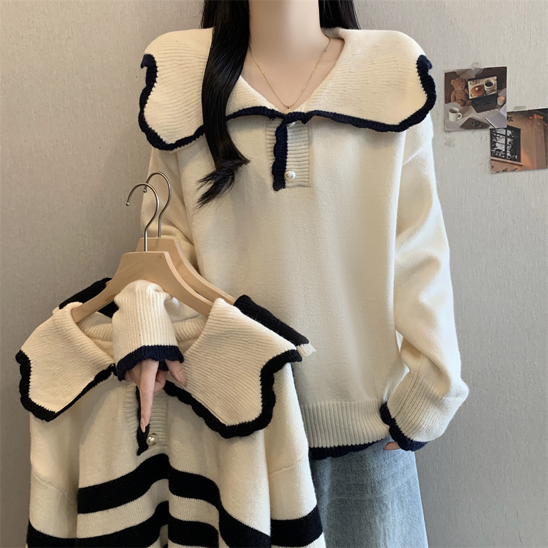 大码娃娃领长袖针织衫女秋冬胖MM宽松显瘦条纹毛衣外套