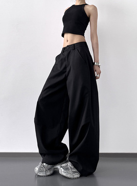 美式复古通勤百搭黑色直筒阔腿西裤女宽松直筒高级感拖地休闲裤子
