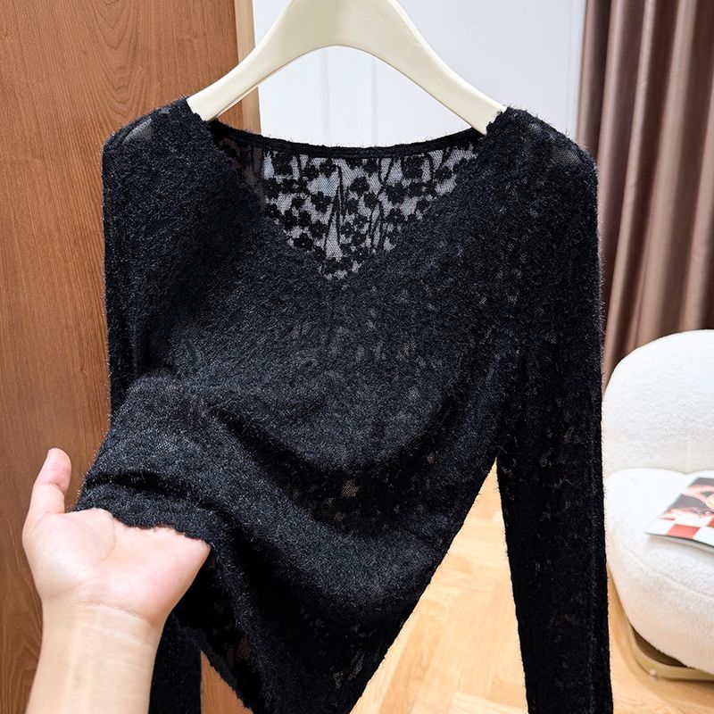 大码V领蕾丝长袖打底衫女裝胖mm秋冬韩系穿搭叠穿洋气内搭T恤上衣
