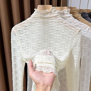 木耳边高领蕾丝打底衫女高级感提花纱衣薄款叠穿内搭网纱t恤上衣