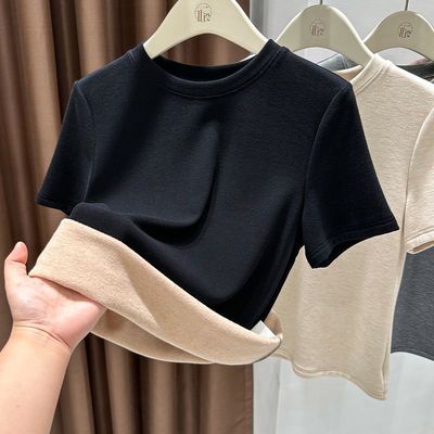 磨毛德绒短袖t恤打底衫女2025秋冬季新款配大衣加厚保暖内搭上衣