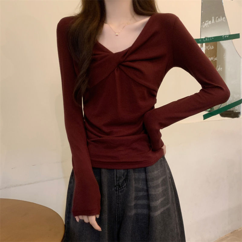 大码莫代尔长袖打底衫女裝胖mm秋冬新款V领显瘦高级感内搭t恤上衣