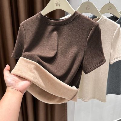 磨毛德绒短袖t恤打底衫女2025秋冬季新款配大衣加厚保暖内搭上衣
