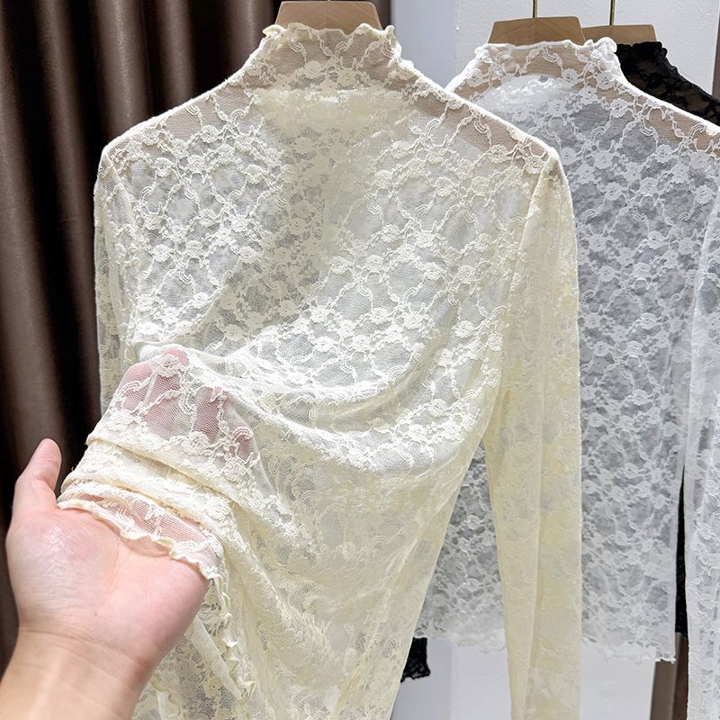 大码蕾丝网纱打底衫女裝胖mm秋冬半高领镂空花纹薄款内搭t恤上衣