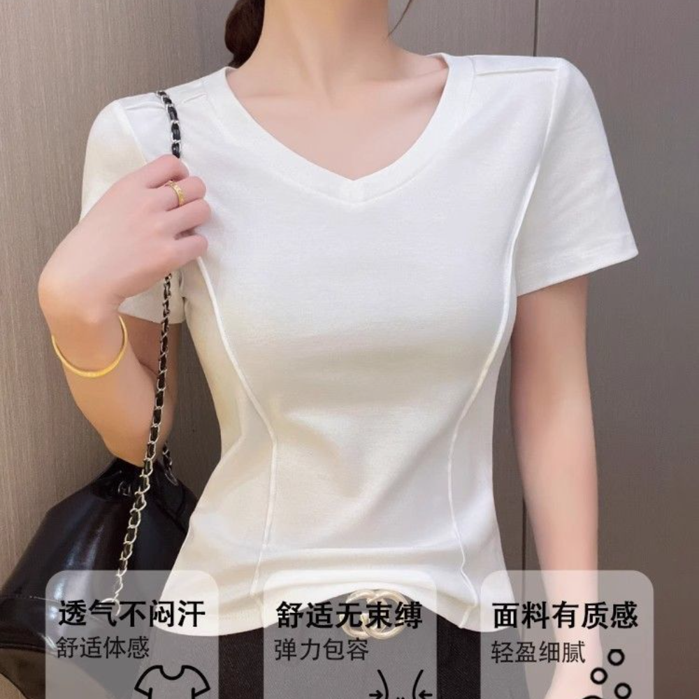 V领短袖t恤女2026春夏季纯欲辣妹风鱼骨修身显瘦正肩打底体恤上衣,女装/女士精品,T恤,淘宝优惠券,粉丝福利购,淘宝优惠卷