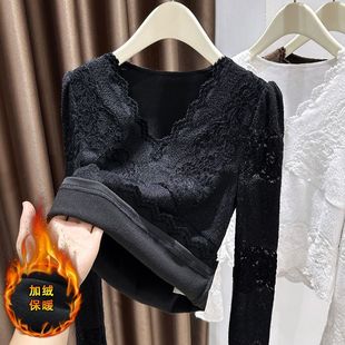 V领磨毛叠穿保暖内搭上衣 女裝胖mm秋冬季 大码 加绒加厚蕾丝打底衫