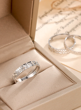 S999纯银碎冰冰戒指男女轻奢高级感简约素圈开口指环情侣对戒礼物