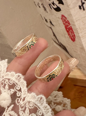 纯银经典活口描金珐琅戒指 足银999.9女款宝相花如意通体银素戒饰