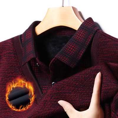 爸爸冬装本命年红色加绒毛衣中老年男士假两件加厚针织衫保暖上衣