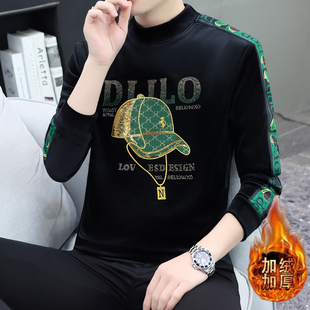 欧洲站金丝绒加绒加厚卫衣男青年时尚刺绣烫钻潮流修身打底T恤衫