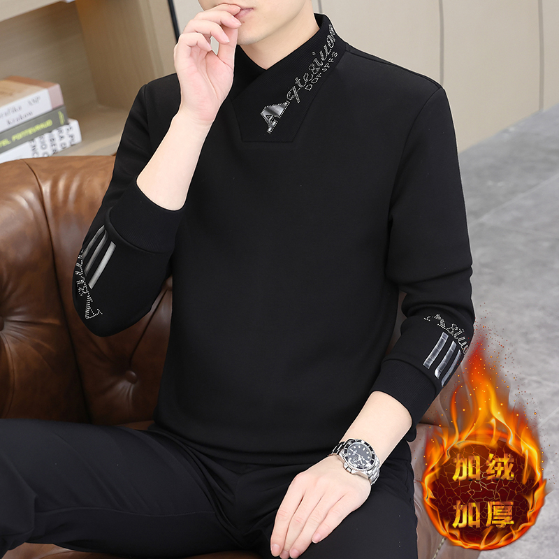 高档欧版保暖巾帼领打底衫男士冬季新款潮流加绒加厚V领卫衣高端