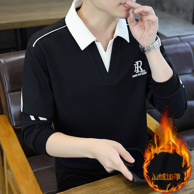 假两件卫衣男士秋冬款2025长袖POLO衫男拼接加绒加厚V领t恤打底衫