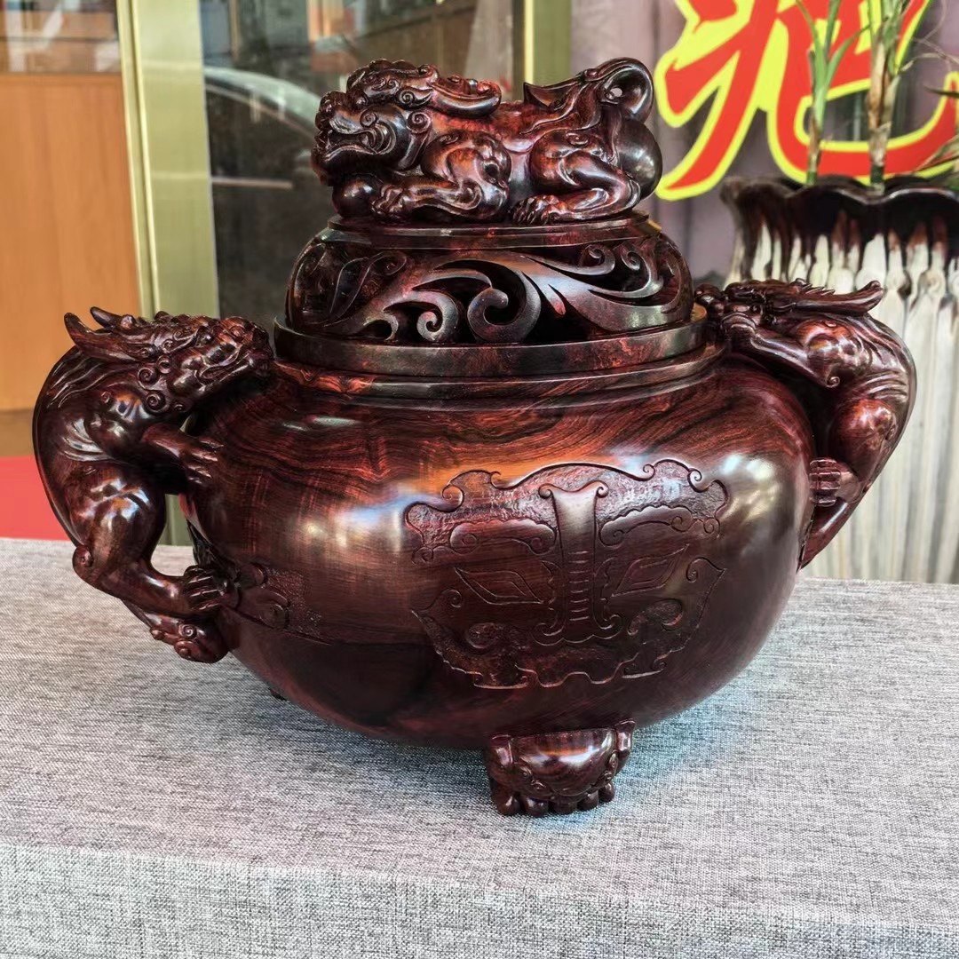 一物一拍保真海南黄花梨老料紫油梨华艺款聚宝盆貔貅香炉文玩摆件