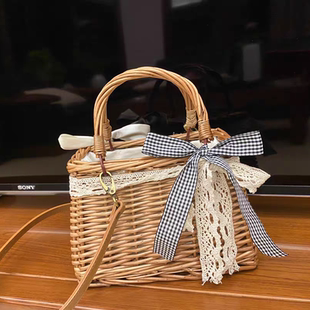 ins同款 女包斜挎包单肩包 草编包手工编织手提包藤编小方包新款