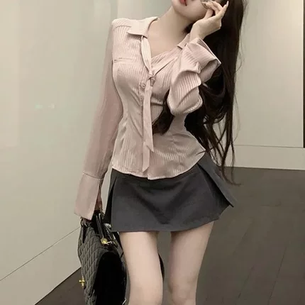 纯欲辣妹套装条纹薄款长袖衬衫女2026夏季新款高腰a字短裙两件套